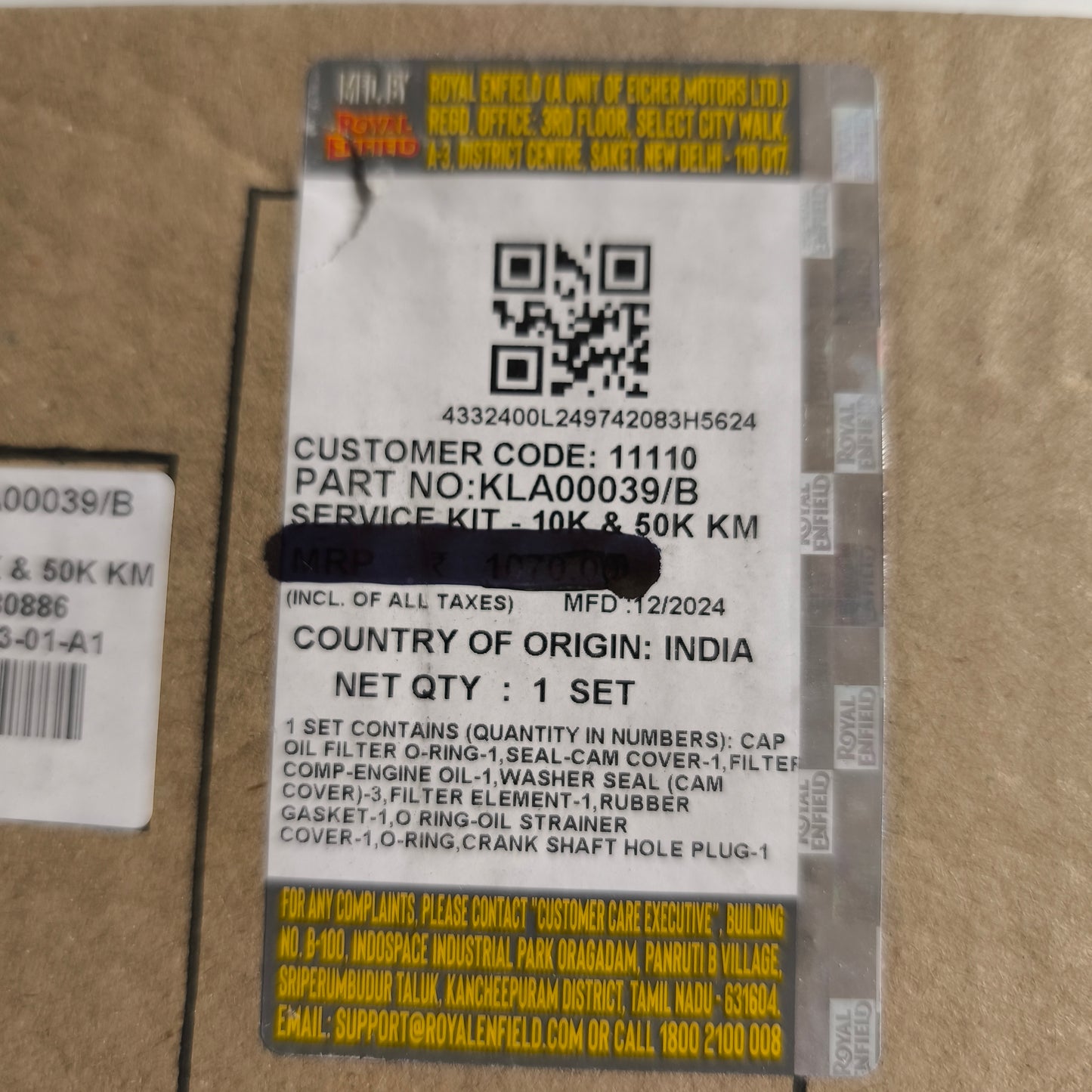 10,000 km and 50,000 km service kit for Royal Enfield Meteor/Hntr/Classic 350cc oil filter, gaskets - KLA00039/B