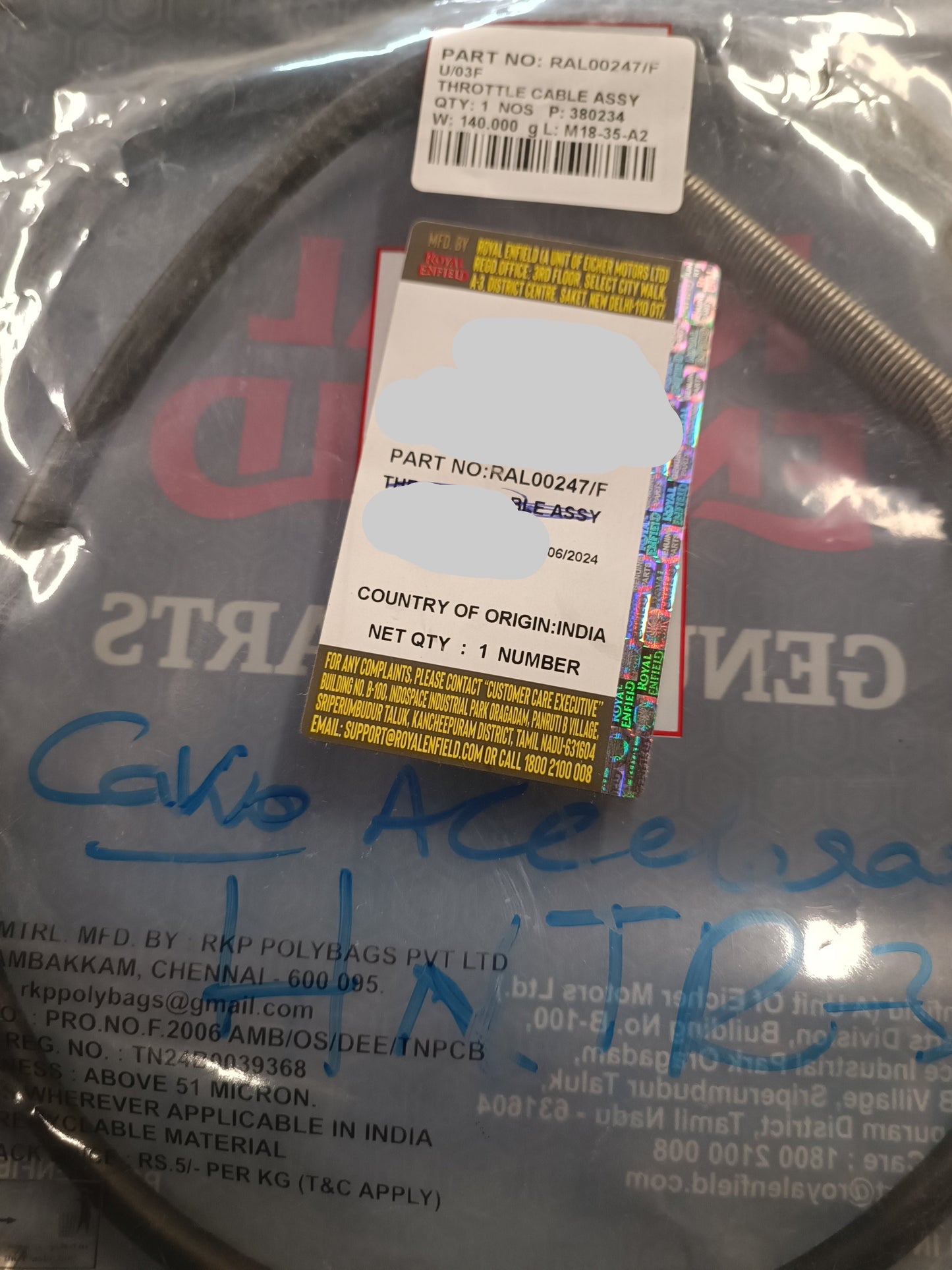 Cavo Acceleratore Per Royal Enfield HNTR 350 cc- RAL00247/F