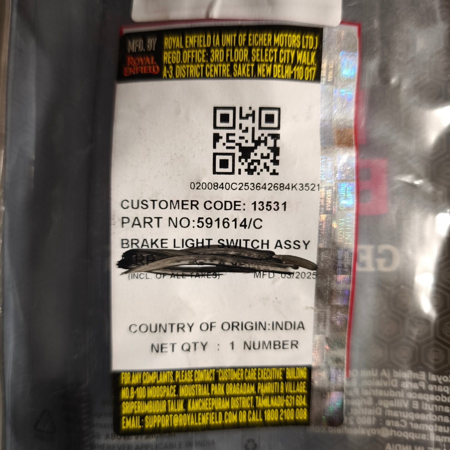 Interruttore Freno Stop posteriore originale Royal Enfield Classic Bullet 500- 591614/C